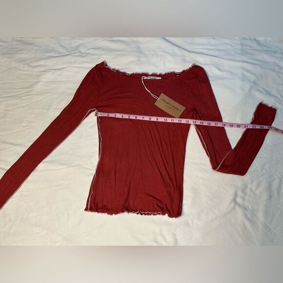 NWT Project Social T Ribbed Red Long Sleeve Top Ruffled Hem Slim Fit Y2K Size M - Picture 11 of 14